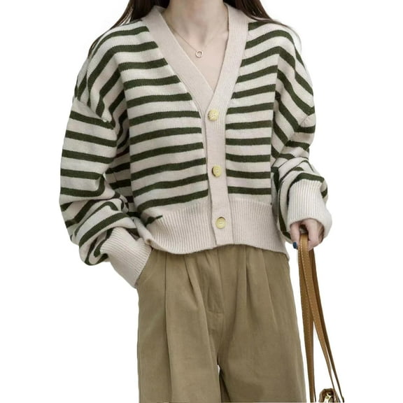 Striped Cardigan for Women Long Sleeve Striped Sweater Button Knitted Open(Uniform Size)