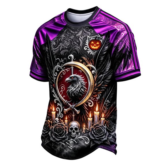 Dwelliawo Men's Gothic Horror Short Sleeve Trendy T Shirt Crew Neck Rose Skull Graphic Halloween Pullover Purple 3xL