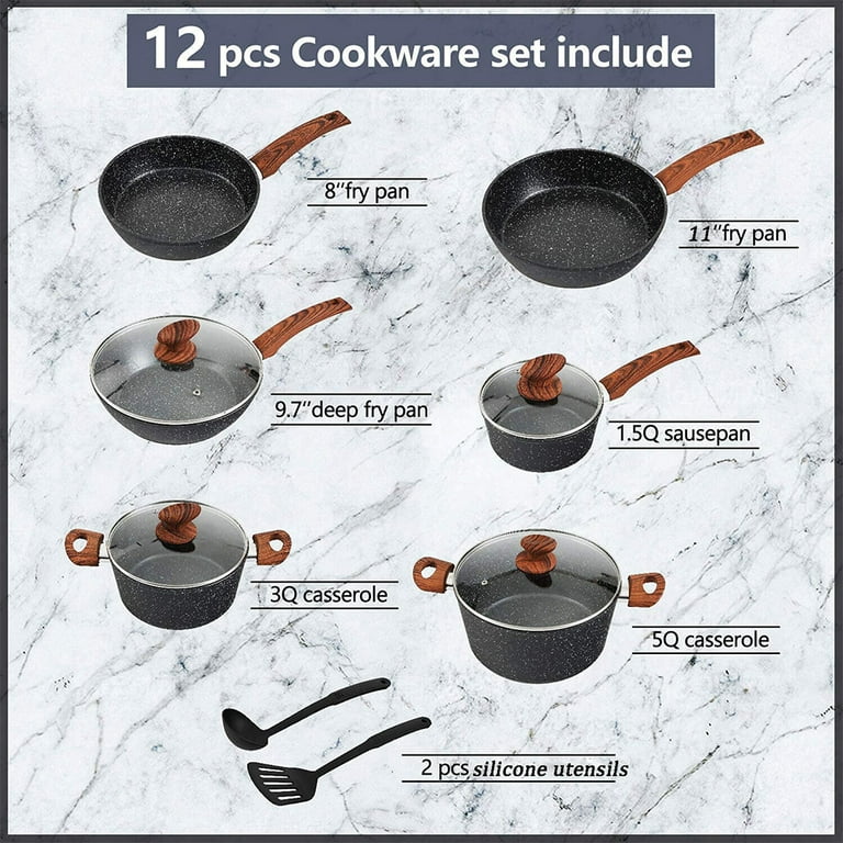 Kitchen Academy Better Living Through Cooking Perfection Kitchen Academy Induction Cookware Sets - 12 Piece Cooking Pan Set, Granite Black Nonstick