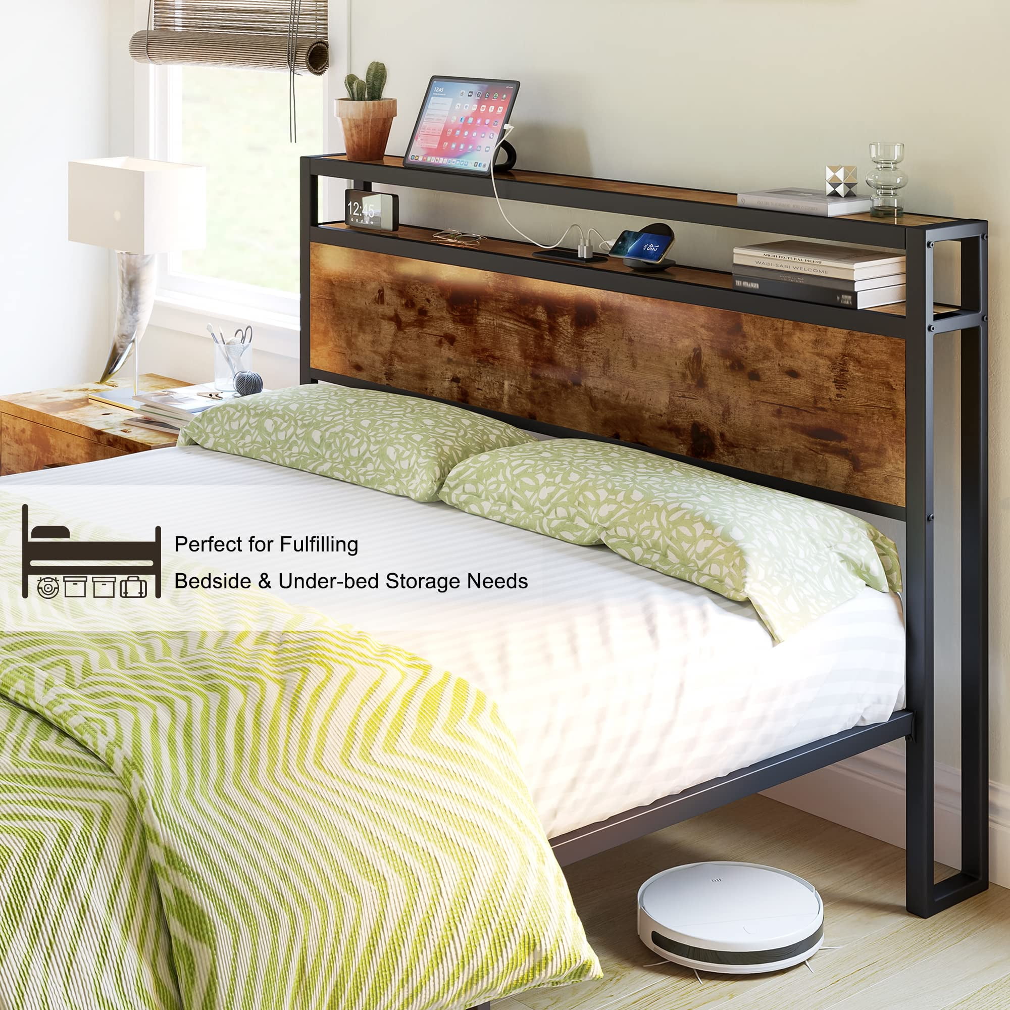VanAcc Full Size Metal Bed Frame with 2-Tier Storage Headboard and Charging Station, Rustic Brown