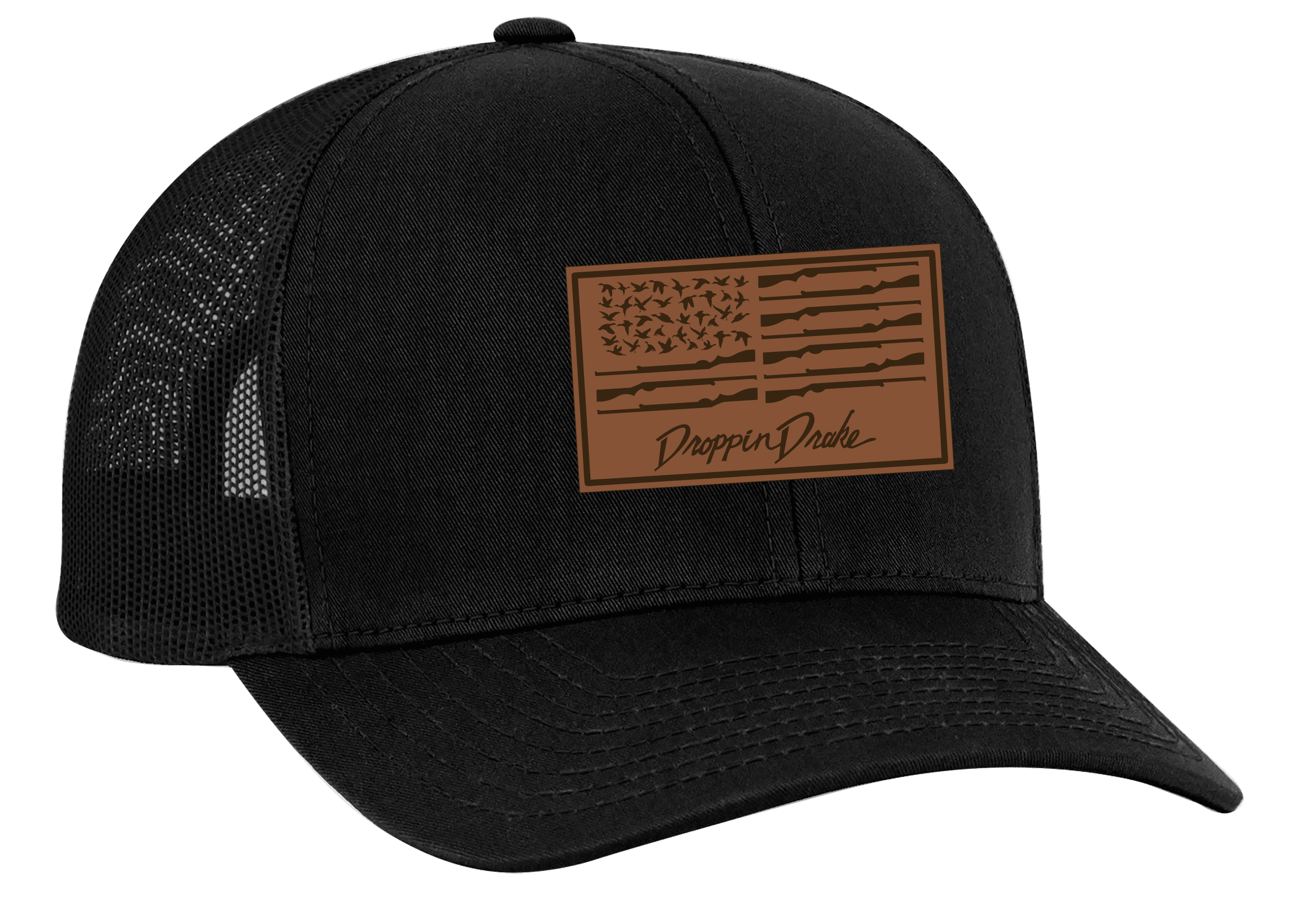 Droppin Drake Men’s Duck Flag Laser Engraved Leather Patch Trucker Hat