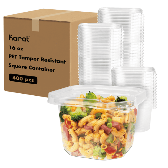 Karat 16oz PET Tamper Resistant Square Container, Clear - 400 pcs