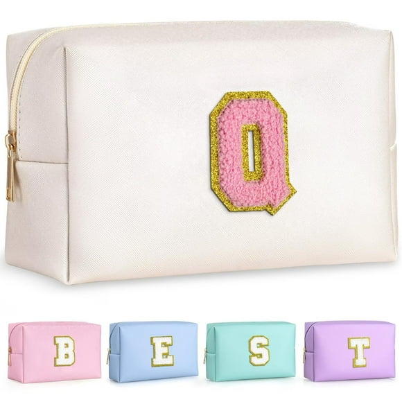 Bolsa de maquillaje TOPEAST con iniciales para viaje, neceser de chenilla con letras, neceser impermeable de piel sintética, regalo personalizado para novias, accesorios bonitos para niñas (Q blanco p