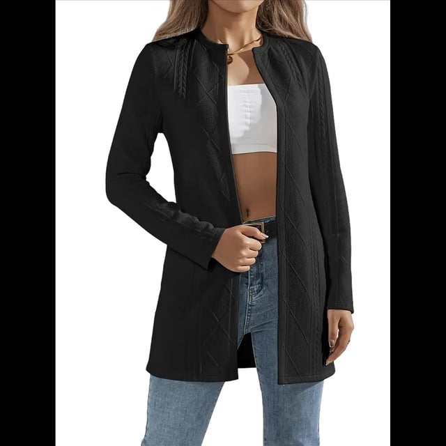 Chaqueta Elegante de Mujer con Abertura Frontal, Cuello Redondo, Larga, Informal, Elegante, para Exteriores. Negro XL