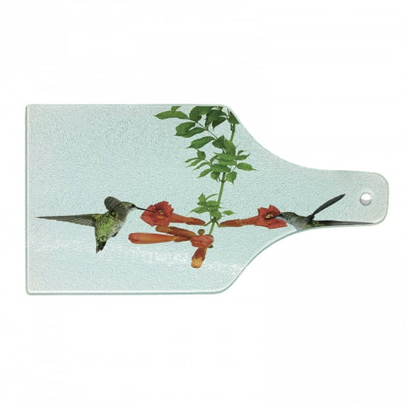 Hummingbirds Cutting Board, 2 Hummingbirds Sipping Nectar from a Trumpet Vine Blossoms Summertime, Tempered Glass Cutting and Serving Board, Wine Bottle Shape, Red Black Green, by Ambesonne