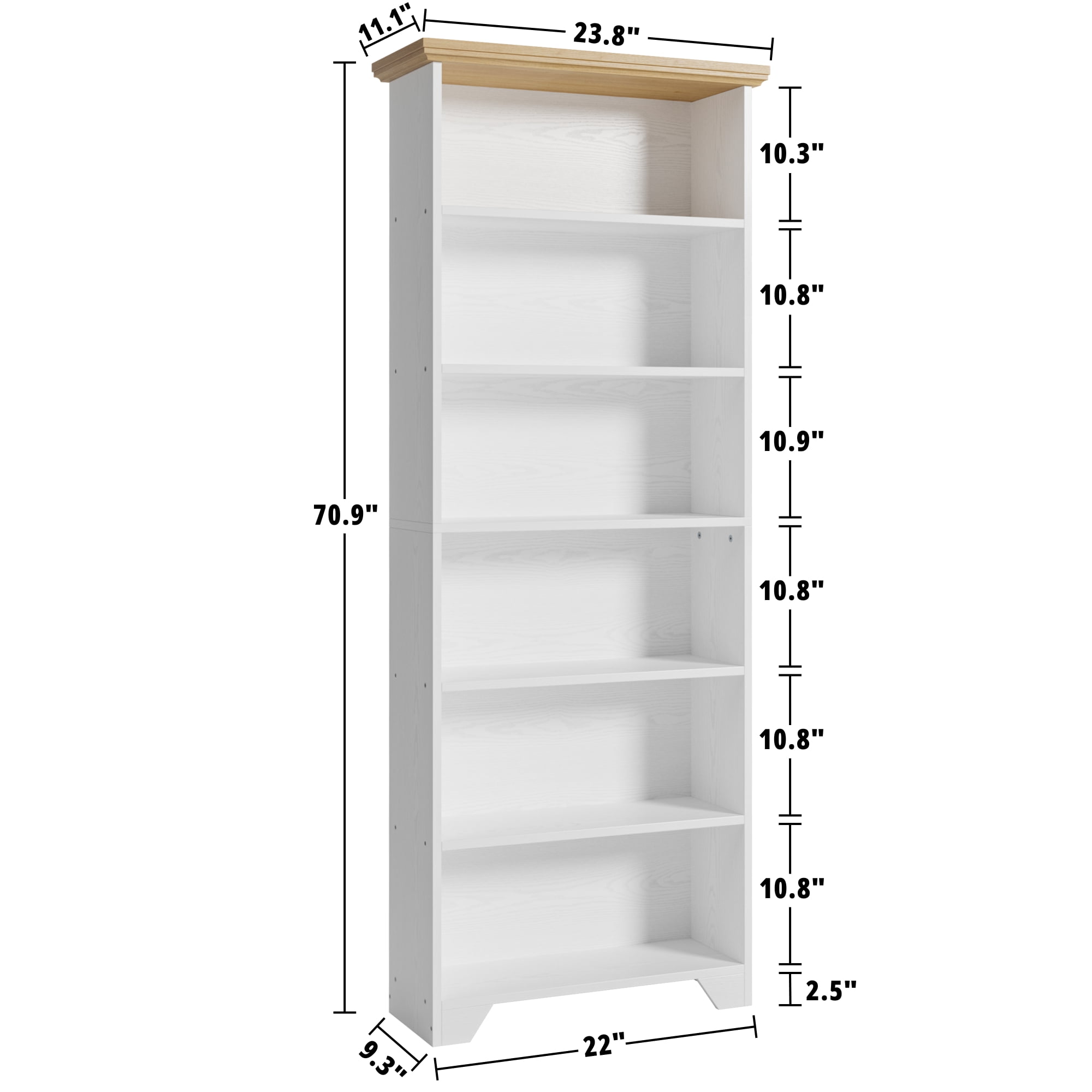 IRONCK 71" Tall 6 Tier Bookcase, Wood Book Shelf for Home Office, Bedroom, Living Room, Shiplap Oak/White