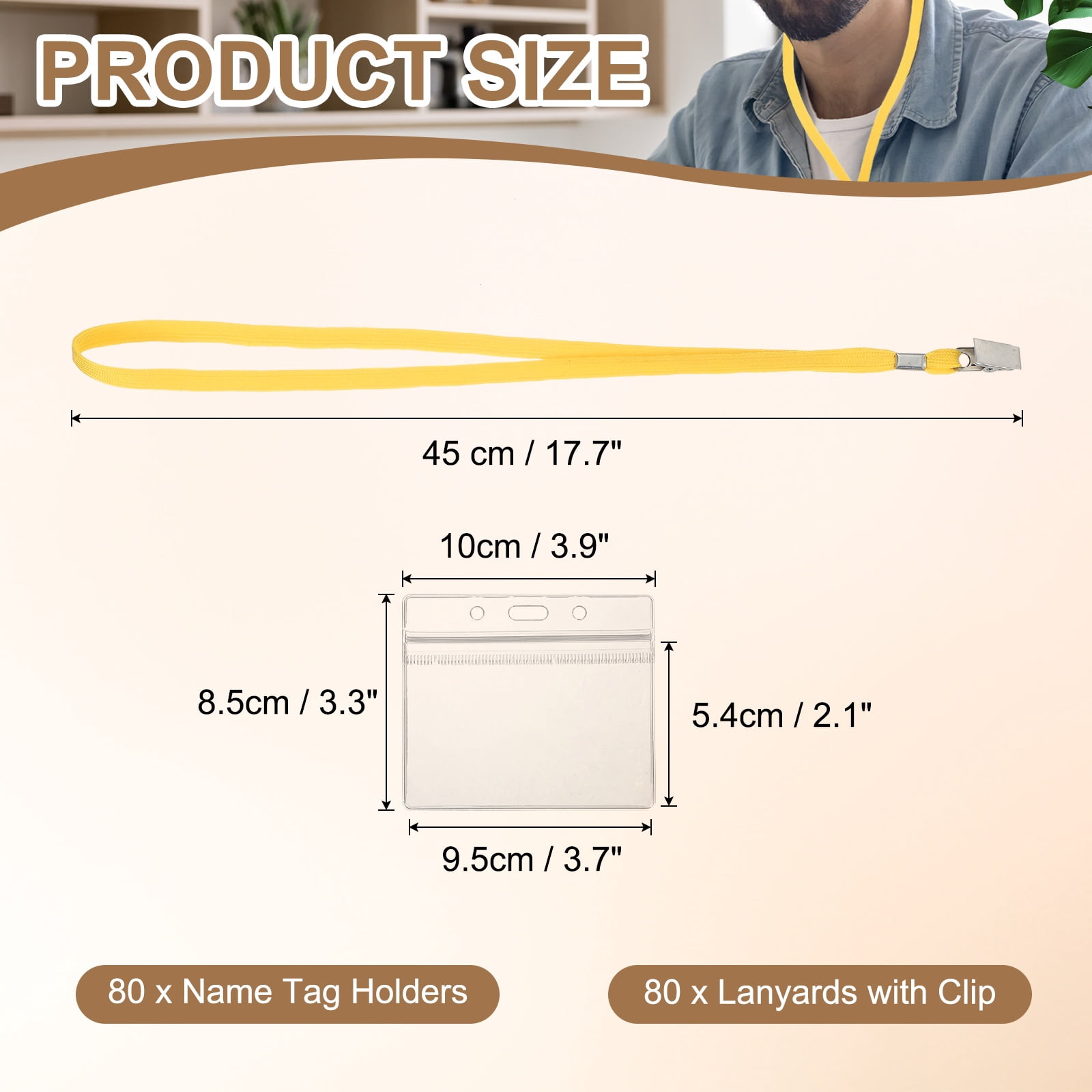 Uxcell 80 Set Name Tag Holders with Lanyard, Plastic Waterproof Horizontal Badge Holder with Alligator Clip Lanyards for ID Badges Office Teacher Events Meetings, Yellow(4x2 Inch)