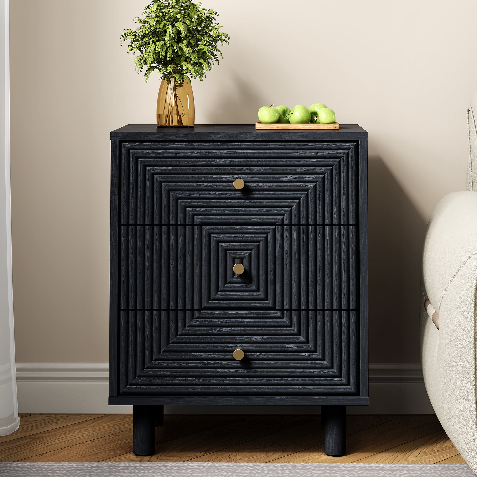 Heynemo Nightstand with 3 Drawers Set of 2, Modern Chest of Drawers for Bedroom, Living Room, Entryway, Black