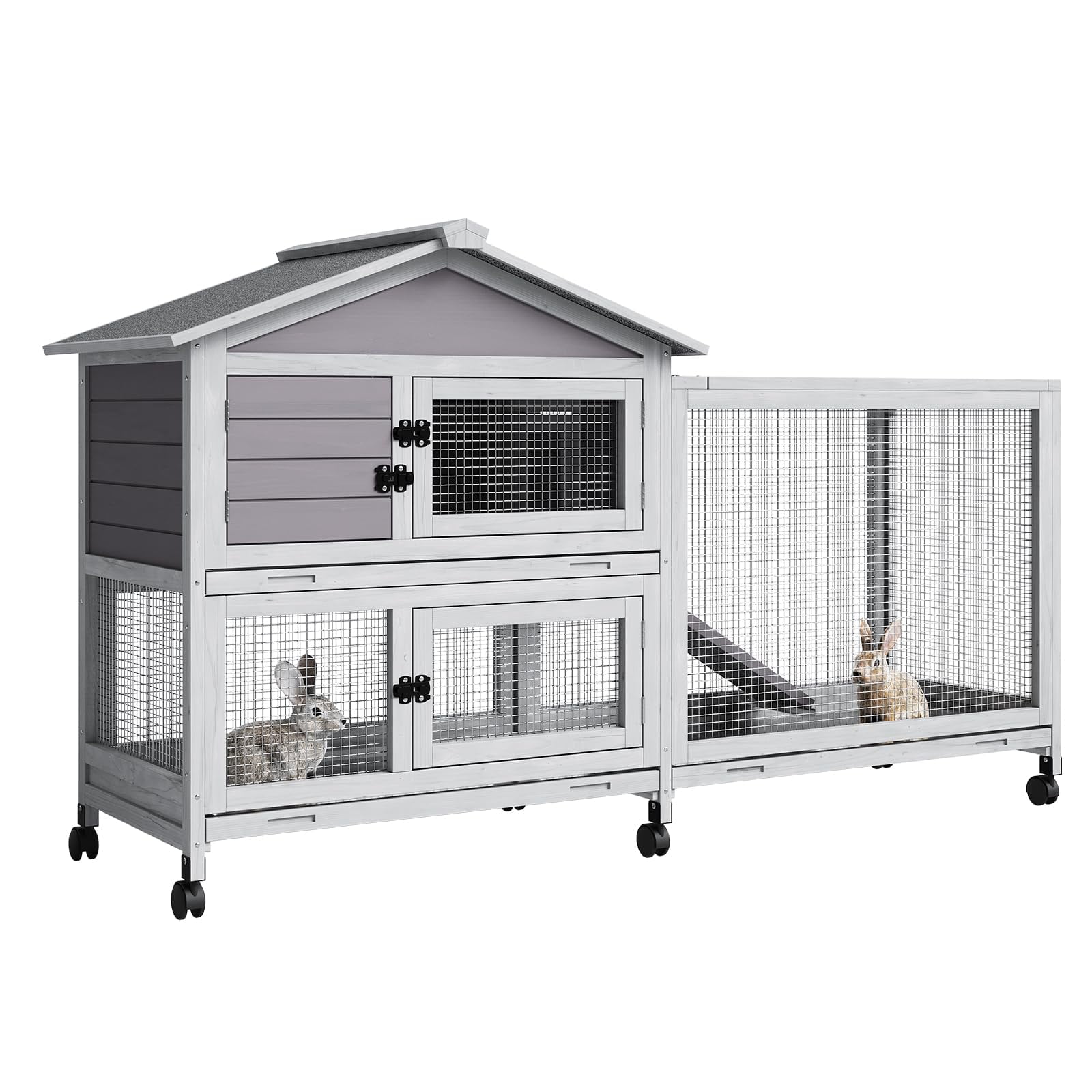 BouPower 2-Tier Rabbit & Chicken House with Wheel, Weatherproof Outdoor/Indoor Pet Cage with Non-Slip Ramp, 4 Access Doors & Pull-Out Tray for Rabbits, Guinea Pigs, Ferrets