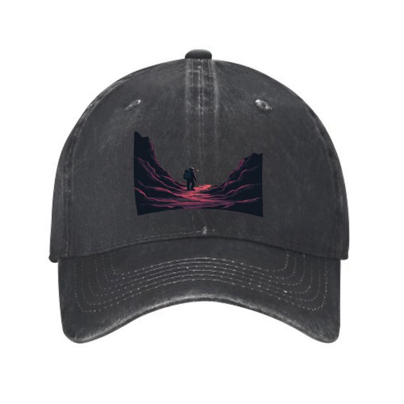 Vintage Cotton Washed Distressed Baseball Cap - Dark Gray with Silhouette & Red Path Design - Stylish Golf Dad Hat for Men & Women