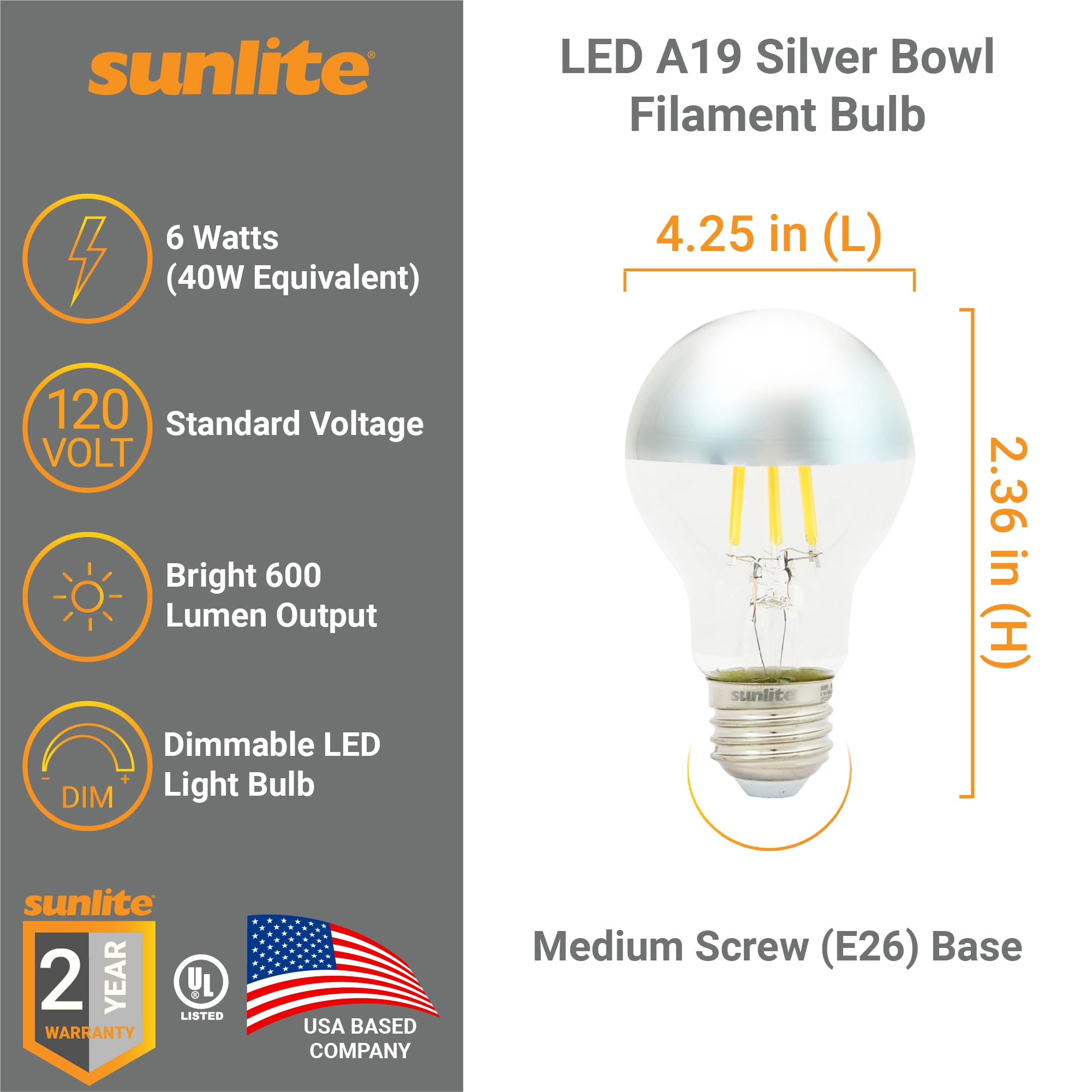 Sunlite 41853 LED A19 Clear Filament Style Light Bulb, 6 Watts (40 Watt Equivalent), 600 Lumens, 120 Volts, Dimmable, Medium E26 Base, UL Listed, Silver Bowl, 2700K Soft White, 6 Pack
