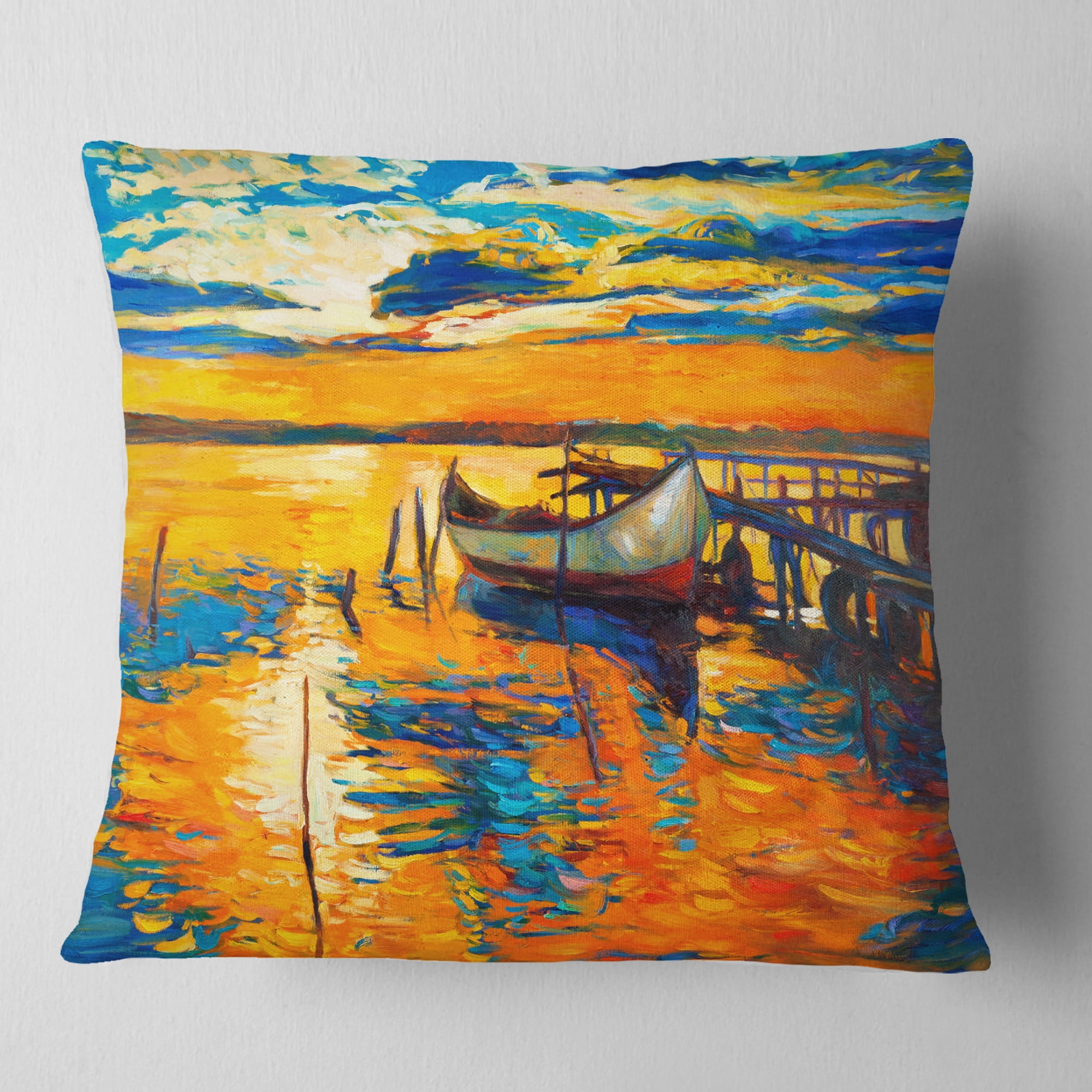 Designart Boat and Jetty at Sunset - Landscape Printed Throw Pillow - 18x18
