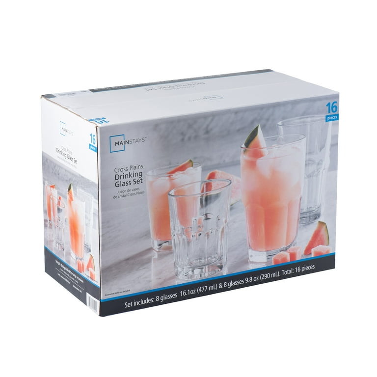 Mainstays Cross Plains 16-Piece Drinking glass Set, 16 & 10 oz