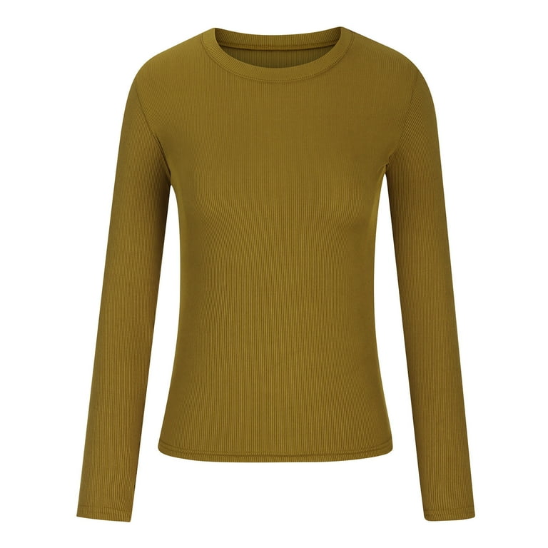 Ribbed Knit Long Sleeve Tops for Women Trendy 2024 Crew Neck Casual Fitted  Solid T-Shirts Spring Winter Basic Tees (Large, Yellow)