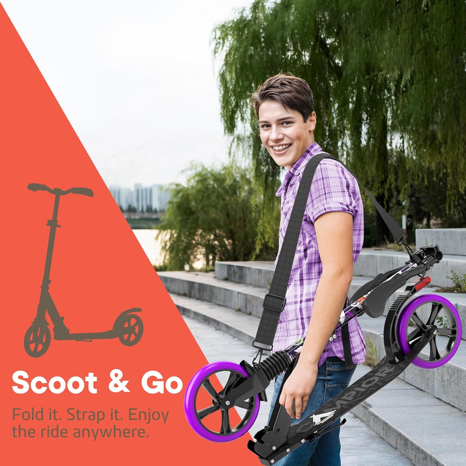 Campior Kick Scooter for Ages 6+, Kids, Teens & Adults, Foldable with Kickstand, 8-Inch Big Wheels, Max Load 240 lbs, 3-Level Adjustable Handlebar, Purple