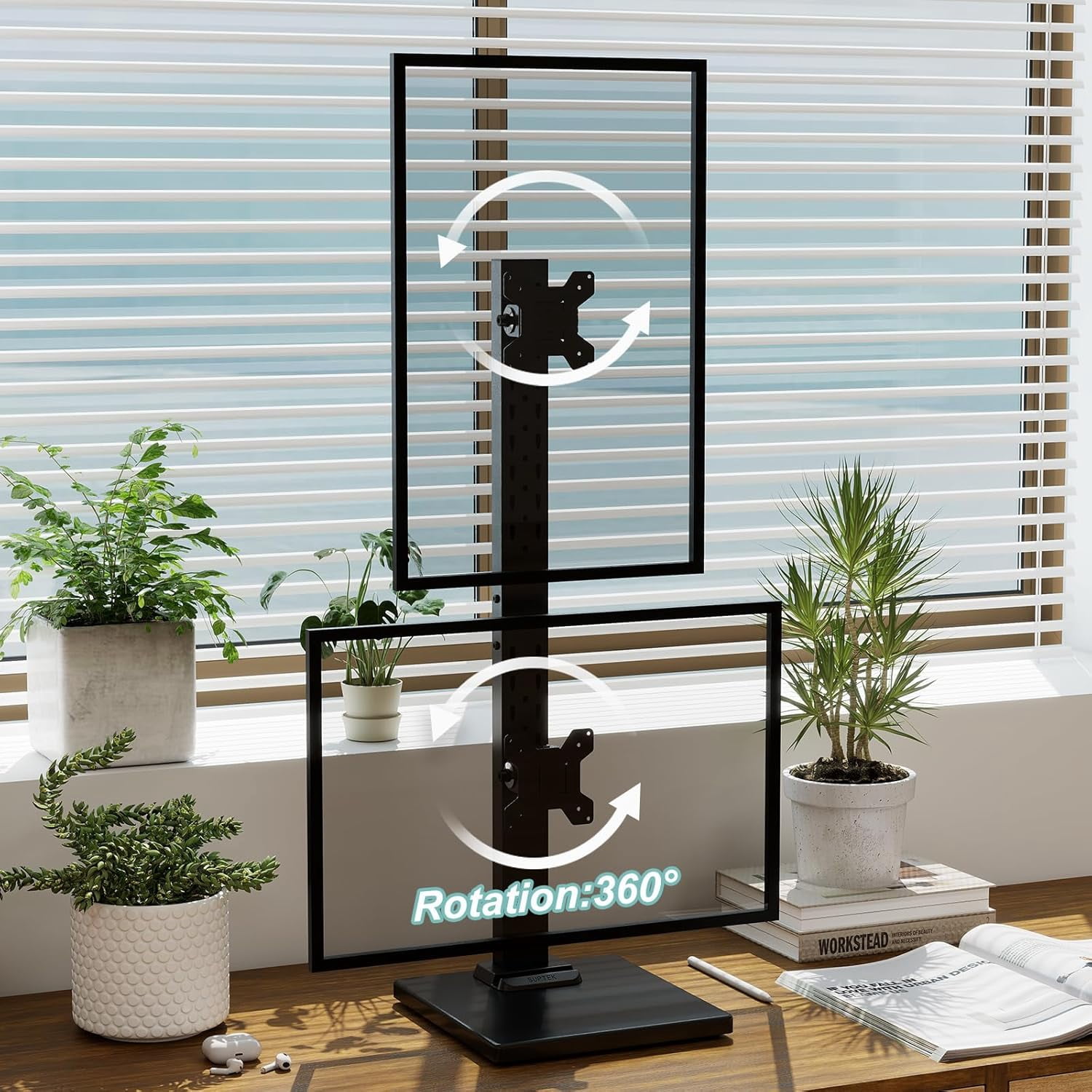 Dual Monitor Stand with Base Vertical Stack Screen -Standing Monitor Riser Fits Two Screen  36 & One Screen  43 with Swivel Tilt Height Adjustable 50 75 and 100mm Vesa Base Stand