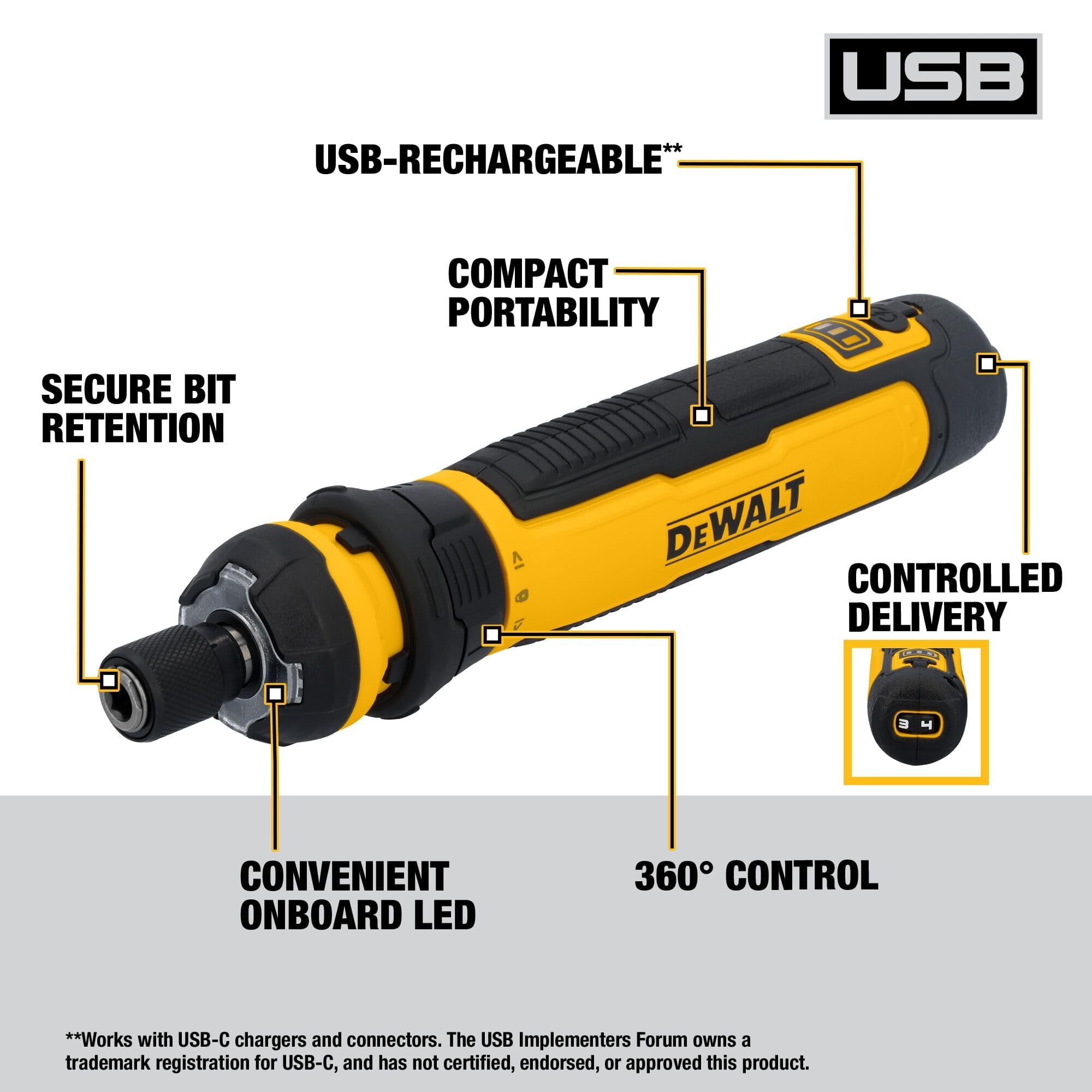DEWALT Cordless Screwdriver, 4V USB Rechargeable Electric Screwdriver with 12 pcs Screwdriver Bit Set, LED Light, FLEXDRIVE Control, Compact, Ergonomic (DWHT66719)