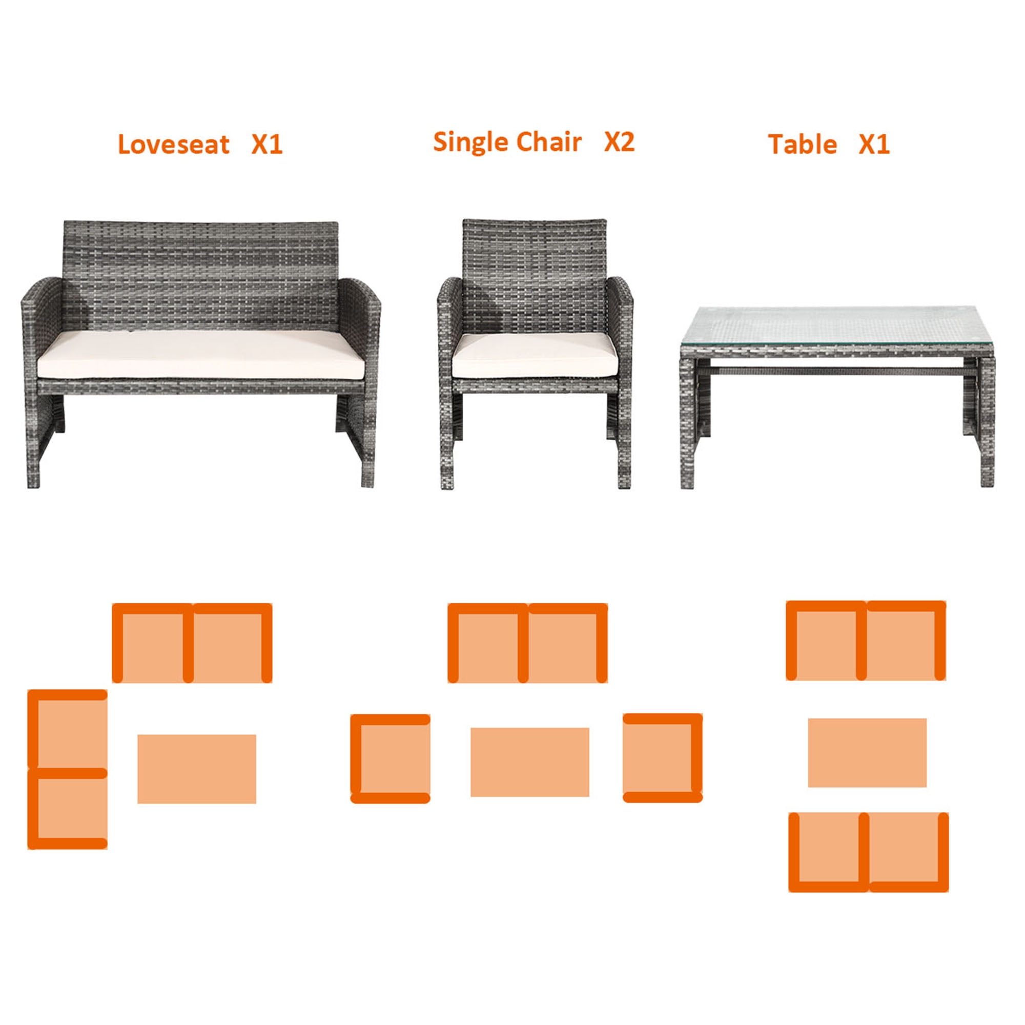 Gymax Fashion 4PCS Patio Outdoor Rattan Furniture Set Chair Loveseat Table Cushioned