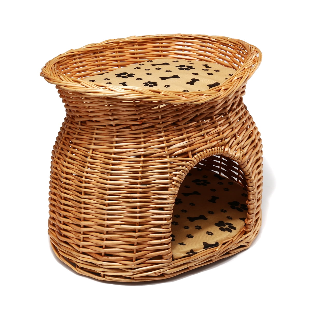Cushion 2 Tier Wicker Cat Bed Basket Practical Pet House Rest Space w