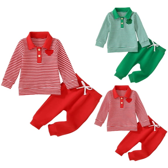 idosla Toddler Baby Boy Irish Outfit Long Sleeve Shamrock Embroidery Striped Sweater Tops with Pants 2Pcs Clothing Set (Green, 18-24 Months)