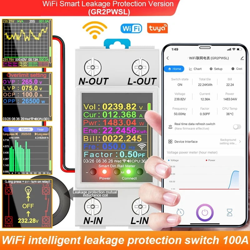 Tuya WiFi Smart Din Rail  Meter Leakage Cutoff Real-Time KWh Voltage Current Monitoring Mutual Inductance Coil