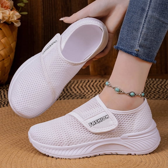 Women's Plus Size Breathable Mesh Slip-On Sneakers with Adjustable Strap, Lightweight Comfortable Casual Shoes, Footwear for Everyday Walking and Summer Activities White 36