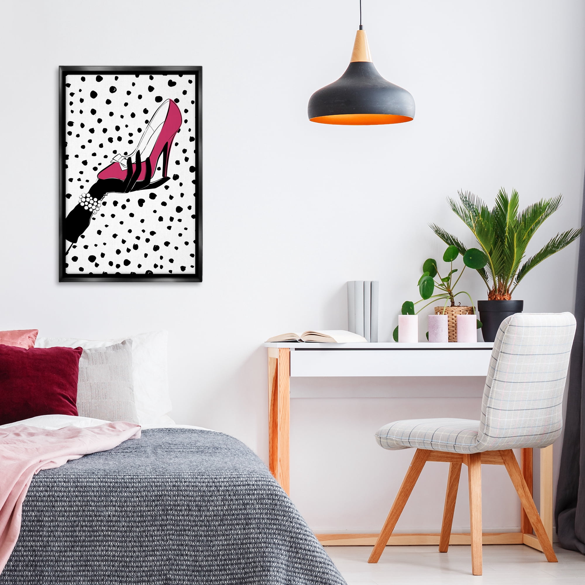 Stupell Industries Pink Shoe with Dots Beauty & Fashion Painting Black Floater Framed Art Print Wall Art, 21 x 31