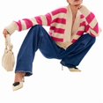 thumbnail image 3 of Women'S Color Block Striped Sweater Long Sleeve Cardigan Button Down V Neck Knit Top Fashion Knitwear Rose Red L, 3 of 10