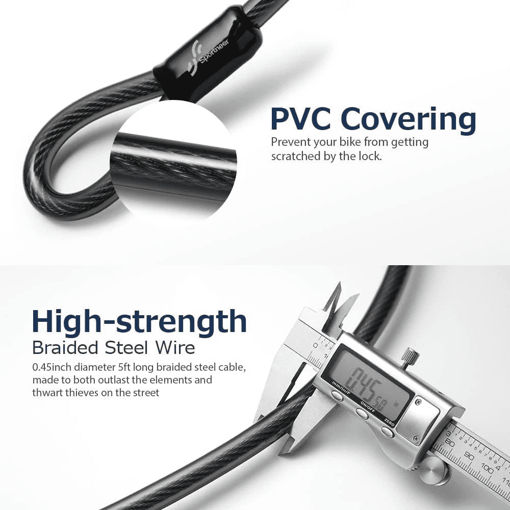 Heavy-Duty Portable Bike U-Lock with 5ft Steel Security Cable and Bracket, Anti Theft