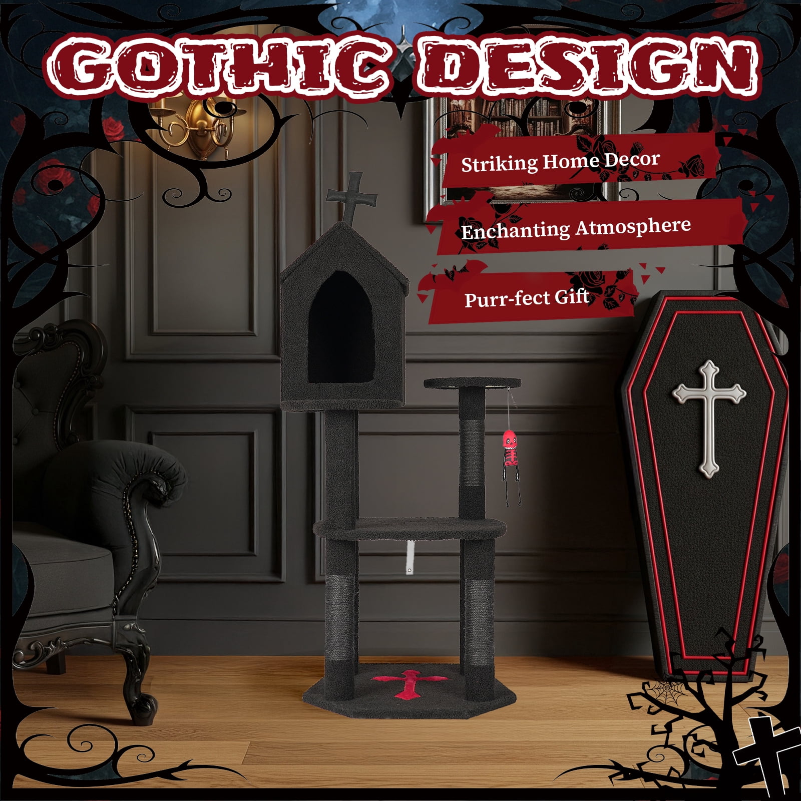ZephyPaws 57" Gothic Cat Tower for Indoor Cats, Multi-Level Cat Tree with Large Condo, Scratching Posts, Cross Top Design, Hanging Toy & Plush Surfaces, Black and Red