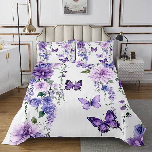 Erosebridal Flying Butterfly Coverlet Set King,Spring Garden Bedding Set,Flower Room Decor,Breathable,3pcs