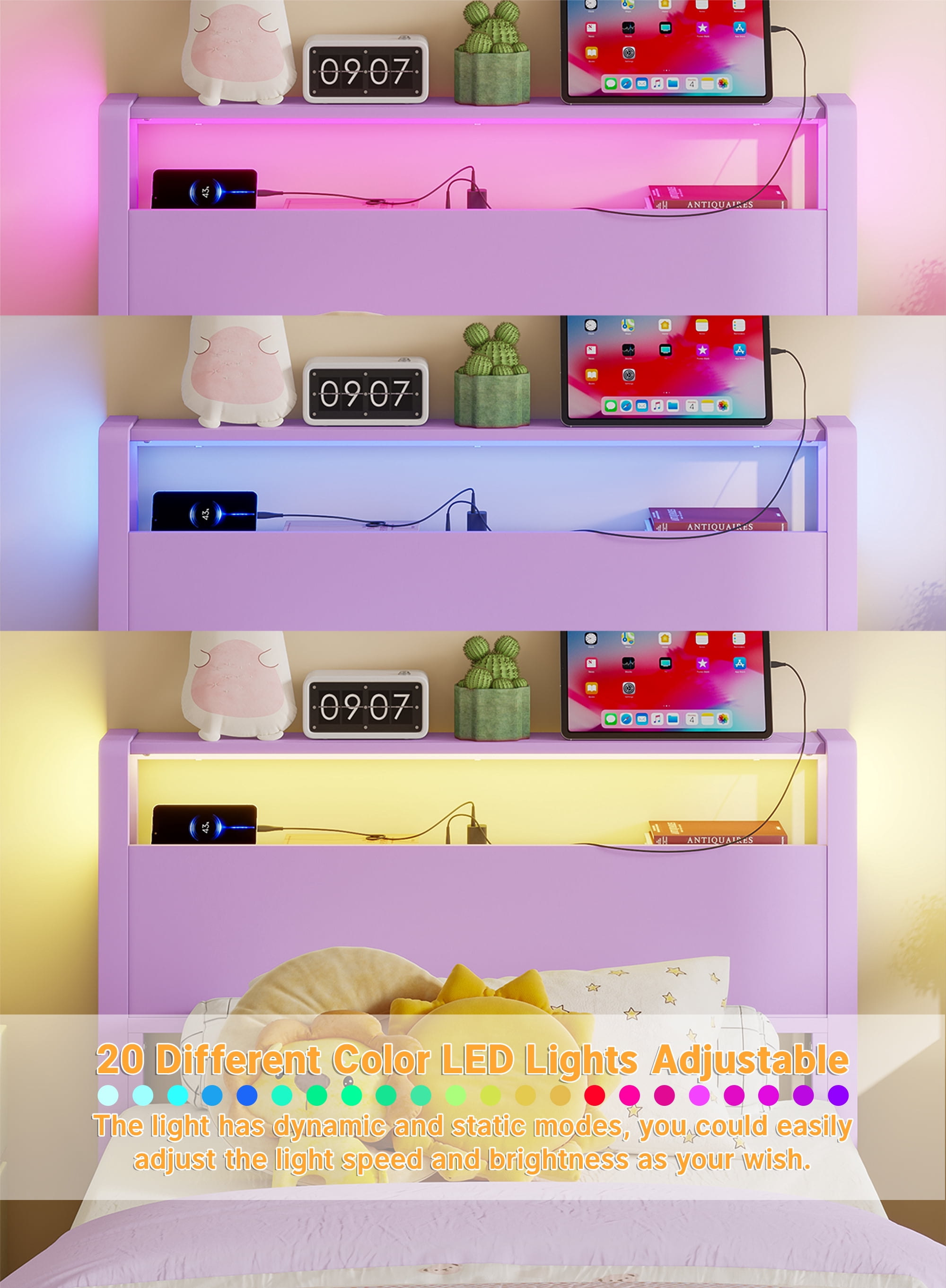 Yoneston Power Outlet LED Light Twin Metal Platform Bed Frame with 2-Tier Storage USB Charging Station Headboard for Kids Girls Teens Child, Purple