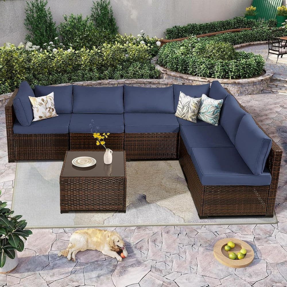 YIORTWO 7-Piece Outdoor Patio Furniture Set, PE Wicker Sectional Conversation Sofa Set with Glass Coffee Table, Weather-Resistant Cushions for Patio, Garden, Backyard, Dark Blue