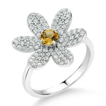 Gem Stone King 925 Sterling Silver Yellow Citrine Flower Ring for Women By Keren Hanan (1.24 Cttw, Round 4MM, Gemstone Birthstone, Available in Size 5,6,7,8,9)