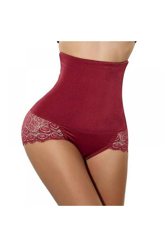 High-waist Large Size Breathable Lace Trimming Abdomen and Hip Shaping Underwear Claret L