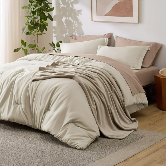 Juego de edredón Bedsure Queen de 8 piezas, color beige, con manta polar