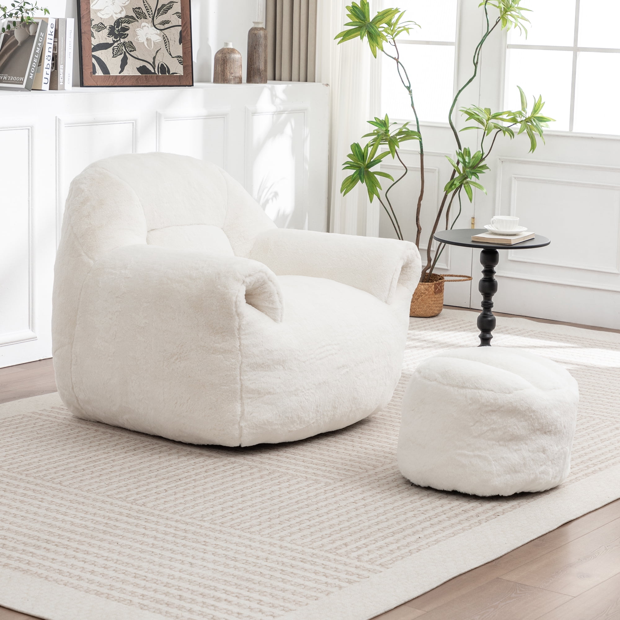 Bean Bag Chair, Comfy Bean Bag Sofa with Back Support, With Footstool,Faux Fur Bean Bag Chair for Adults and Kids, Stuffed Floor Sofa for Living Room, Bedroom, Apartment, White