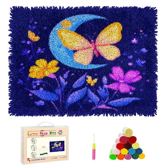 DIY Latch Hook Rug Kits Cartoon Butterfly and Flower Stamped Non-slip Mat Crochet Yarn Hook and Latch Emboridery Tapestry for Home Floor Decor and Pet Warm Cushion 52x38cm(2)