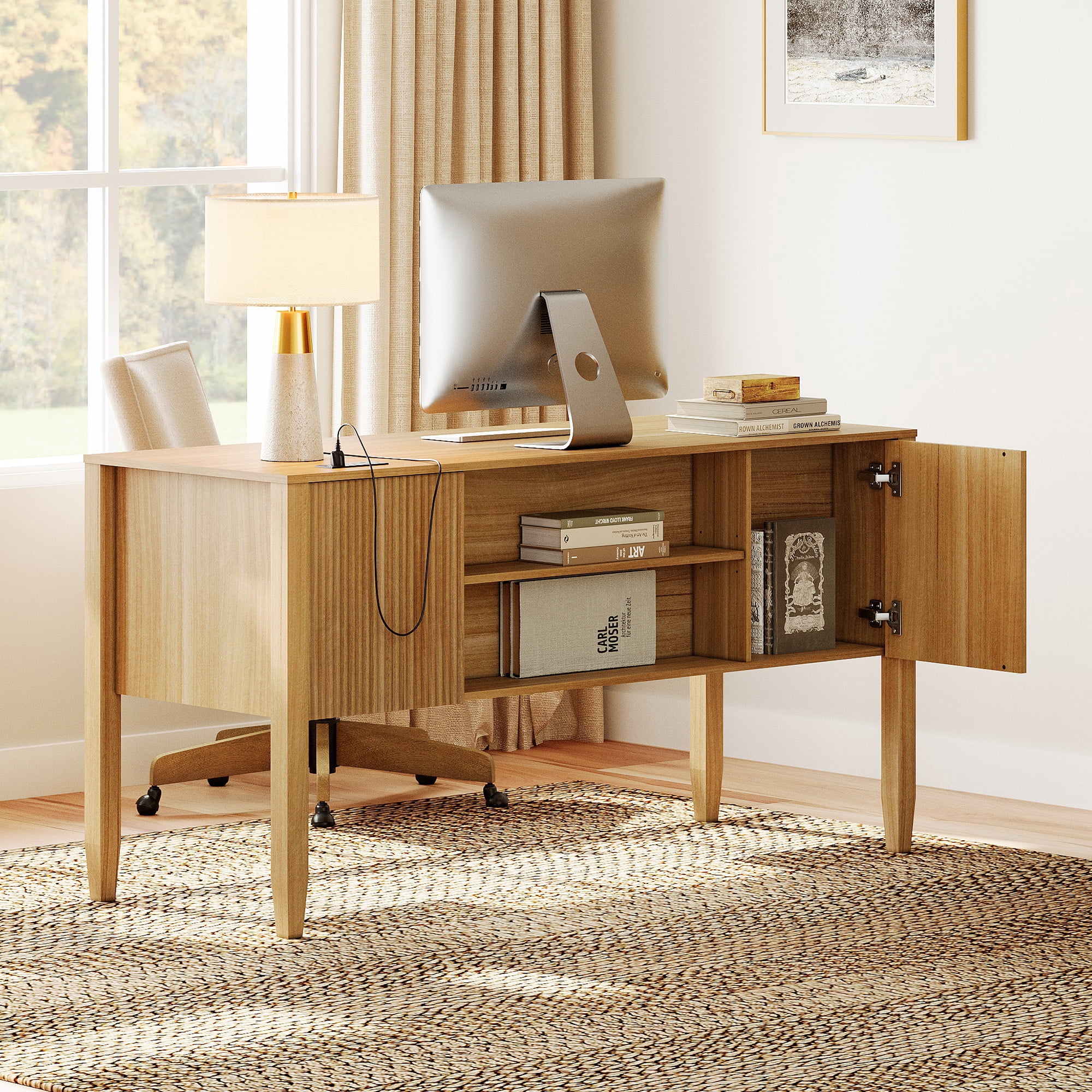58Inch Fluted Executive Desk with Power Outlet and Doors, Modern Computer Writing Desks with Rear Storage Compartment Design, Home Office Desk with Drawers For Work And Study