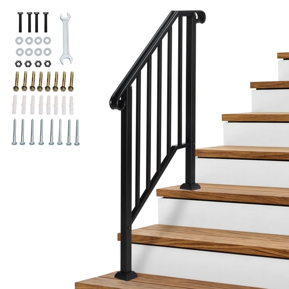 Outdoor Handrail for Concrete Steps, 1 to 5 Step Wrought Iron Stair Railing Kit, Heavy Duty Transitional Hand Rail for Porch, Deck and Garden, Safety Grab Bar with Installation Hardware, Matte Black