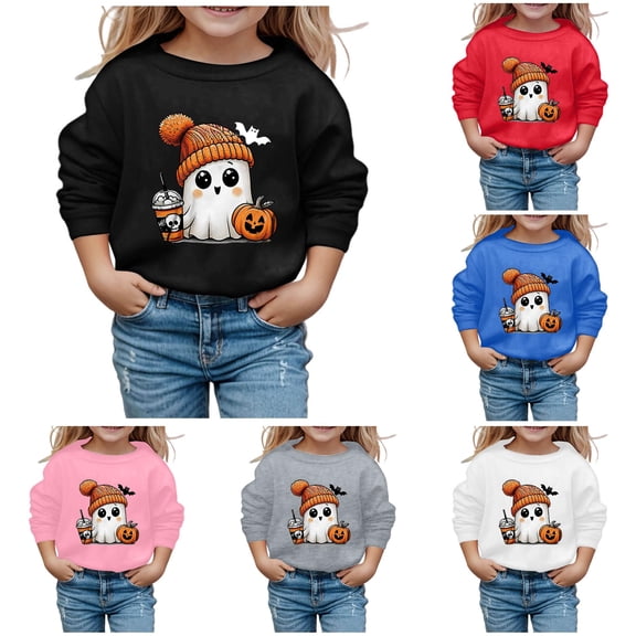 XAOFW Girls Halloween Sweatshirt Cute Ghost Print Long Sleeve Round Neck Hoodless Sweatshirts Loose Fit Fashion Pullover Comfortable Tops 3-4 Years