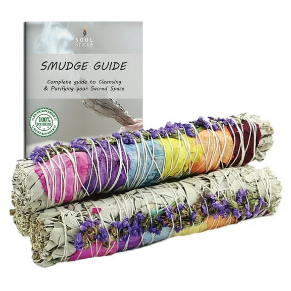 Soul Sticks 3 Pack 7 Chakra White Sage 6" Smudge Stick Bundle with Guide for Cleansing, Energy Clearing, Smudging, & Positive Vibes