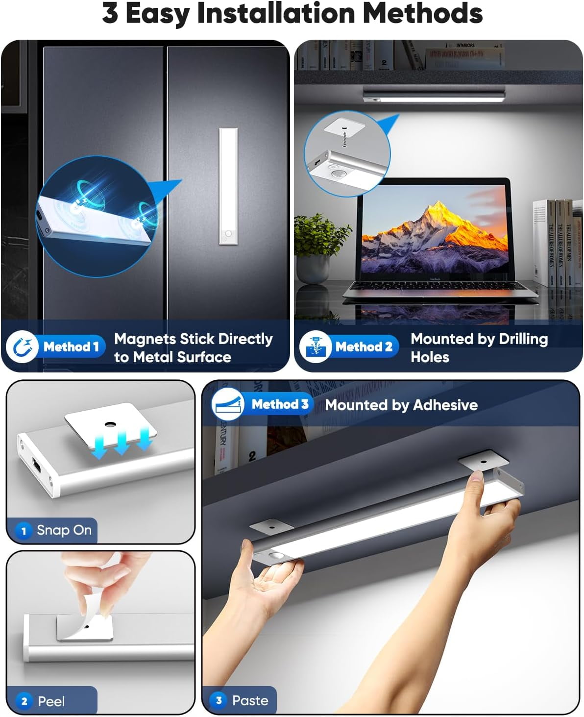 Under Cabinet Lighting, 10 Inch LED Battery Operated Rechargeable Motion Sensor Lights Indoor, 2200mAh Magnetic Wireless Closet Light, 6500K Dimmable Counter for Kitchen, Stair, 3 Packs