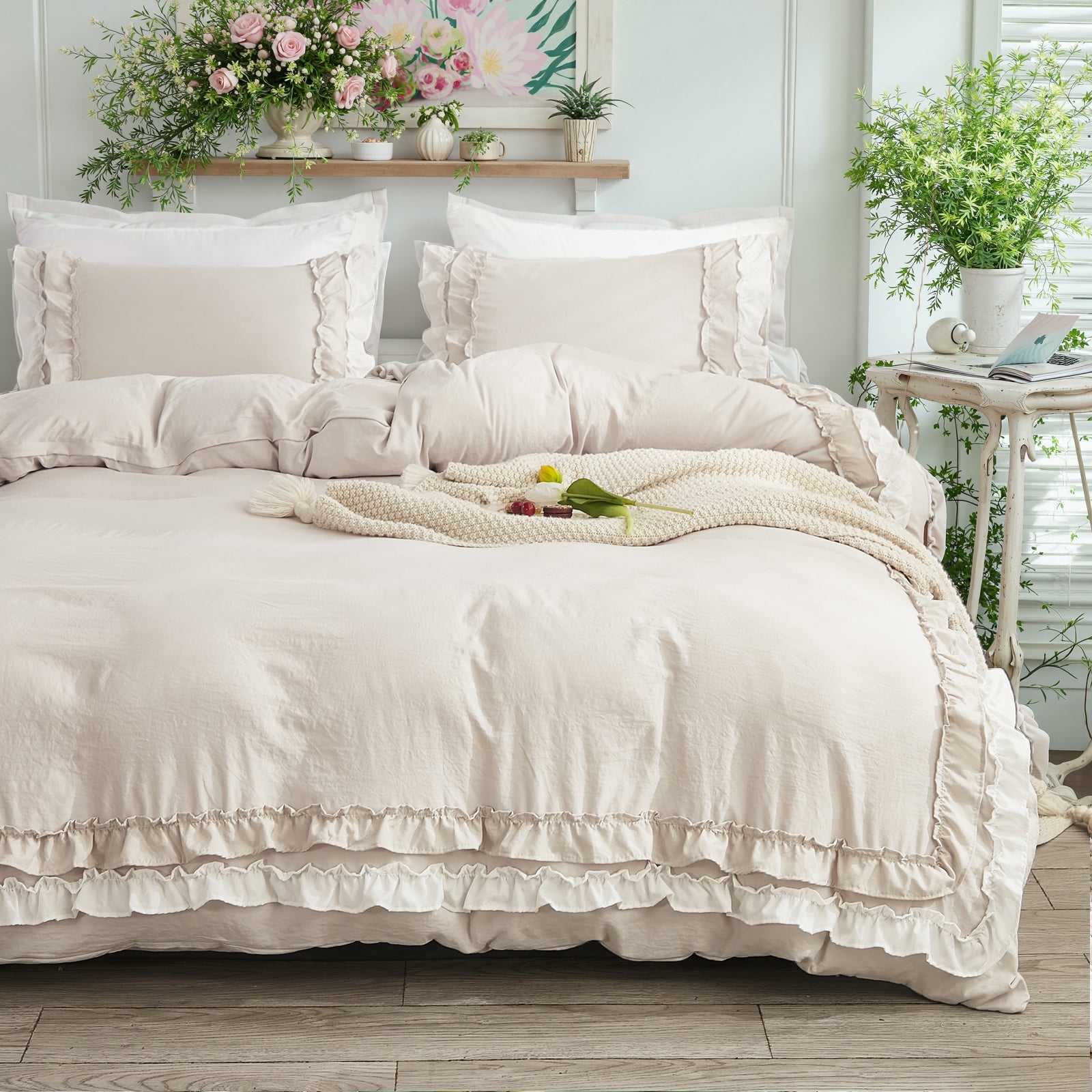 Boho Ruffled Comforter Set Super Soft Cozy Bedding Set with Pillowcases Elegant Chic Bedroom Decor Rustic Farmhouse Quilt Comforter 3 Pcs Set