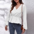 thumbnail image 2 of Blusa Cuello En V Puff Manga Larga Cintura Adelgazante Color Puro Tops De Moda Para Mujer, 2 of 5