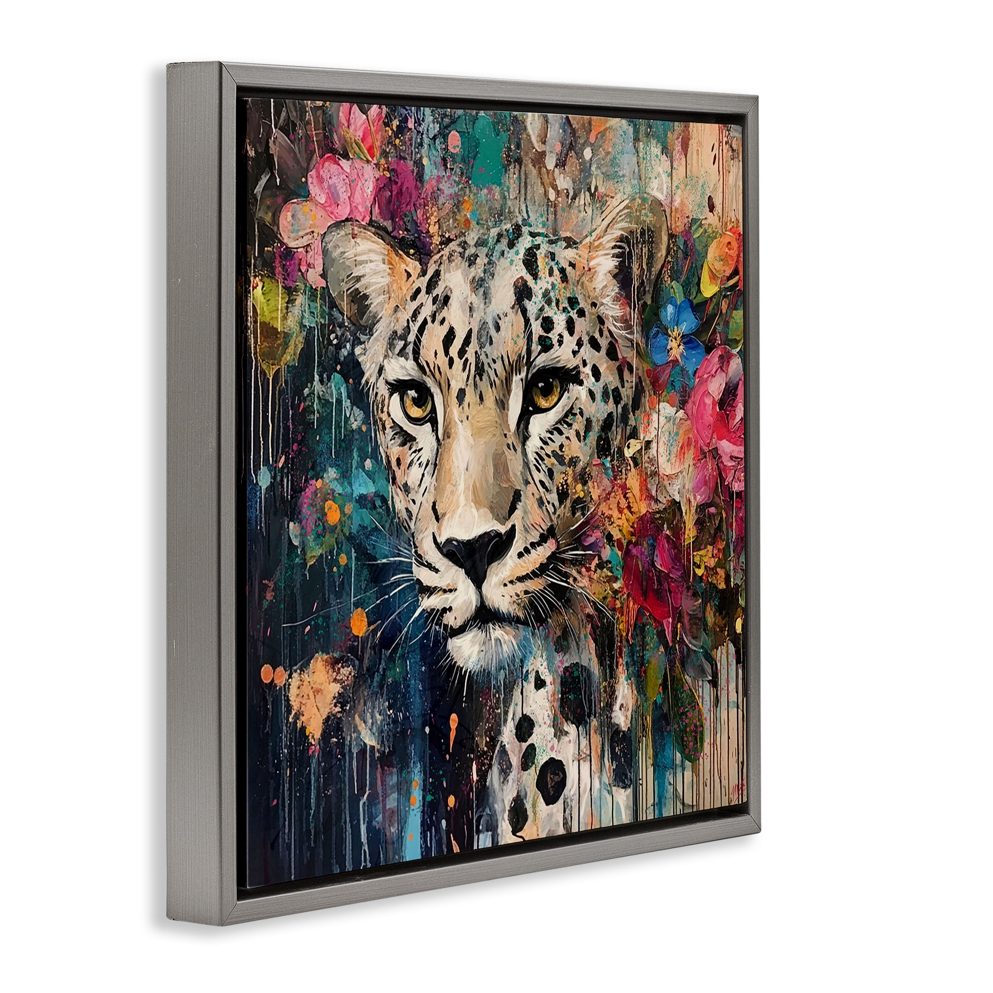 Stupell Industries Cheetah & Exotic Blooms Gray Framed Floater Canvas Wall Art, design by Marta Wiley
