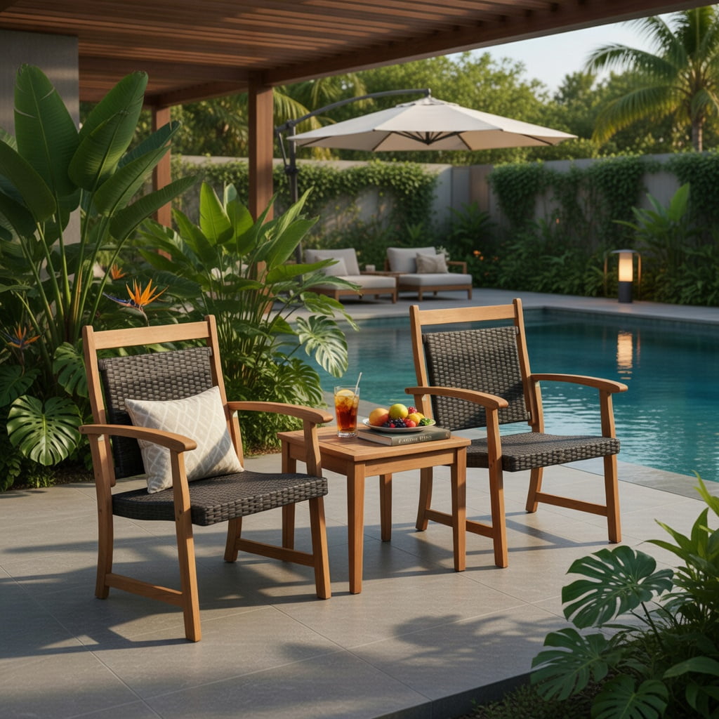 Hommoo 3-Piece Outdoor Rattan Bistro Set, 2 Acacia Wood Armchairs + Square Side Table, Rustic PE Wicker Patio Furniture for Garden, Balcony & Deck, Reddish Brown
