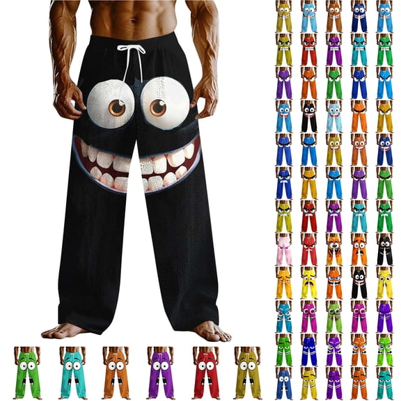 LODIENY Linen Pants for Men Cute 3D Novelty Expression Printed Wide Leg Drawstring Elastic High Waist Lounge Trousers Loose Regular Fit Cotton Beach Vacation Long Pants with Pockets A-Dark Blue XXL