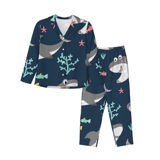 Balery Friendly Smiling Sharks Conjunto de Pijama con Estampado para Mujer, Conjunto de Dos Piezas con Manga Larga, Ropa de Dormir Suave con Bolsillos, Pijamas Cómodos-Large
