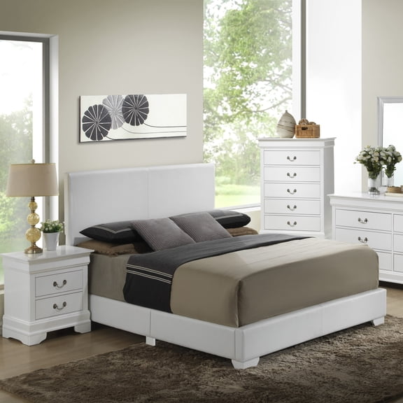 Noble House Casual Full Upholstered Bed Frame with Faux Leather, Sturdy Wood Frame, White